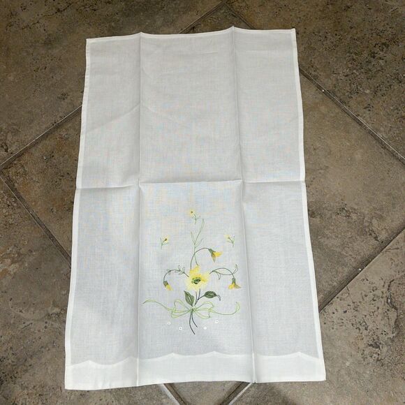 Vintage White Linen Hand Towel Yello Flower Embroidered Guest Towel - Picture 5 of 8